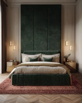 Camera da Letto con letto in velluto verde e tappeto rosso