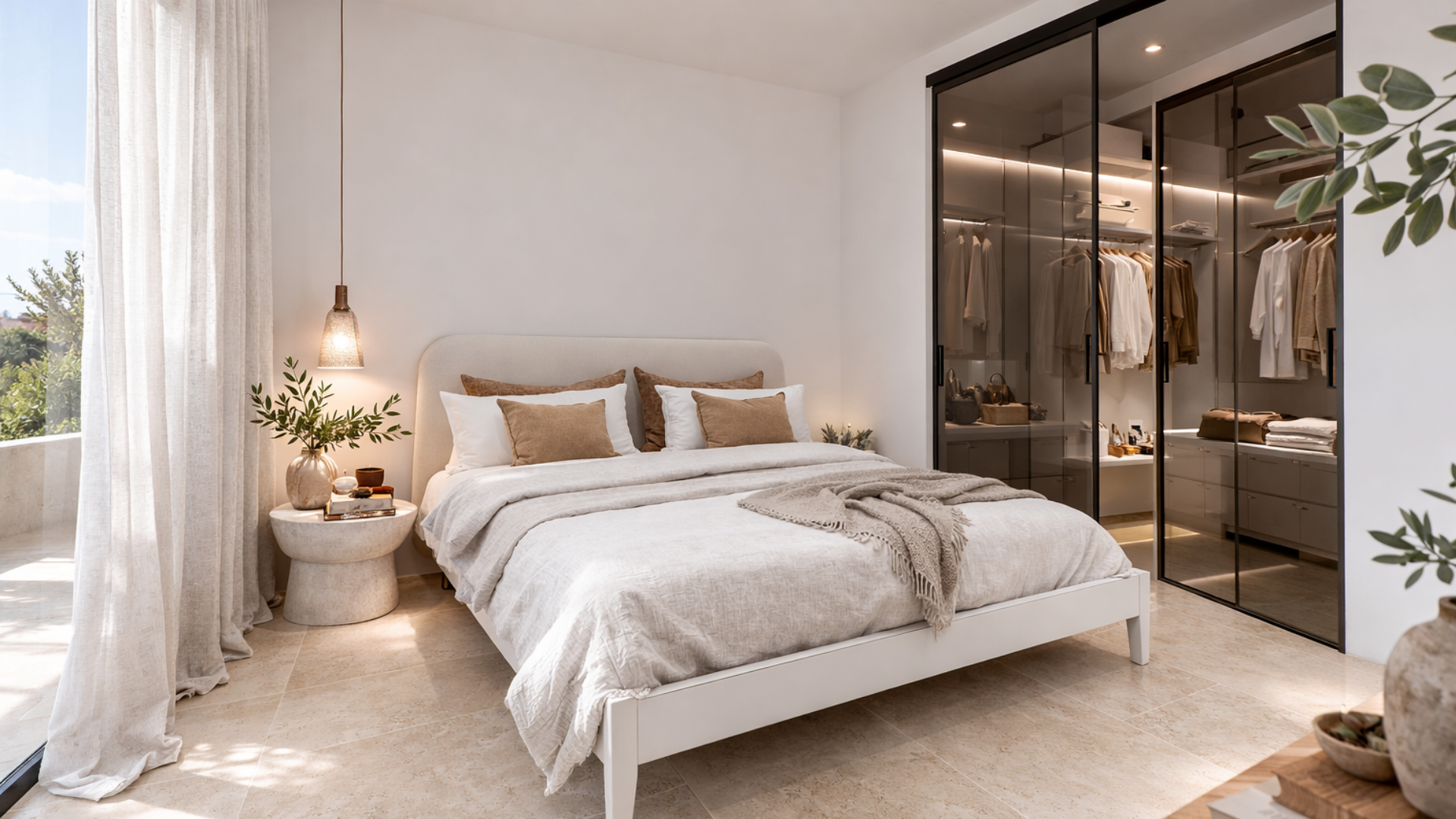 Come progettare una casa che sembri di lusso: palette e materiali camera da letto moderna con letto e armadio