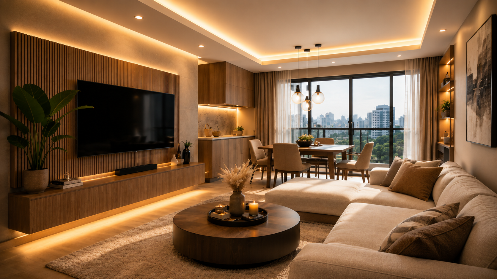 Come illuminare il soggiorno moderno con LED a soffitto, faretti e lampade a sospensione