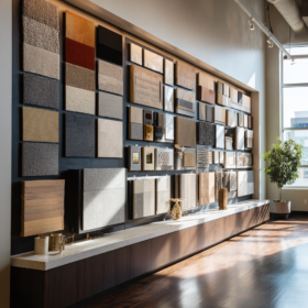 Parete espositiva con campioni di materiali, tessuti, rivestimenti, pietre e finiture per interior design, showroom dedicato alla progettazione contract e residenziale di alta gamma.