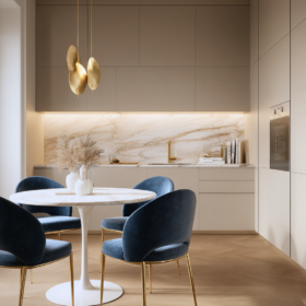 Cucina moderna beige con schienale effetto marmo, dettagli oro satinato, tavolo rotondo bianco e sedie in velluto blu, in un ambiente dal design contemporaneo elegante e raffinato
