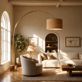 Descrizione accurata per i motori di ricerca e l'accessibilità, inserendo keyword chiave in modo naturale. Soggiorno di lusso in stile contemporaneo con arredi di design nei toni del beige. Al centro, una lampada ad arco dorata con paralume in rattan sovrasta un divano in tessuto chiaro e una poltrona moderna. Sullo sfondo, una nicchia ad arco con mensole in legno e quadri minimalisti completano l'arredamento d'interni elegante per un progetto contract o residenziale.