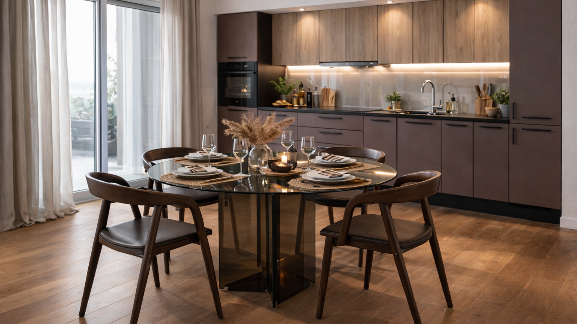 Cucina moderna open space con mobili effetto legno, illuminazione LED integrata, tavolo rotondo in vetro fumé e sedie in legno dal design contemporaneo, ideale per arredamenti di lusso e contract residenziale.