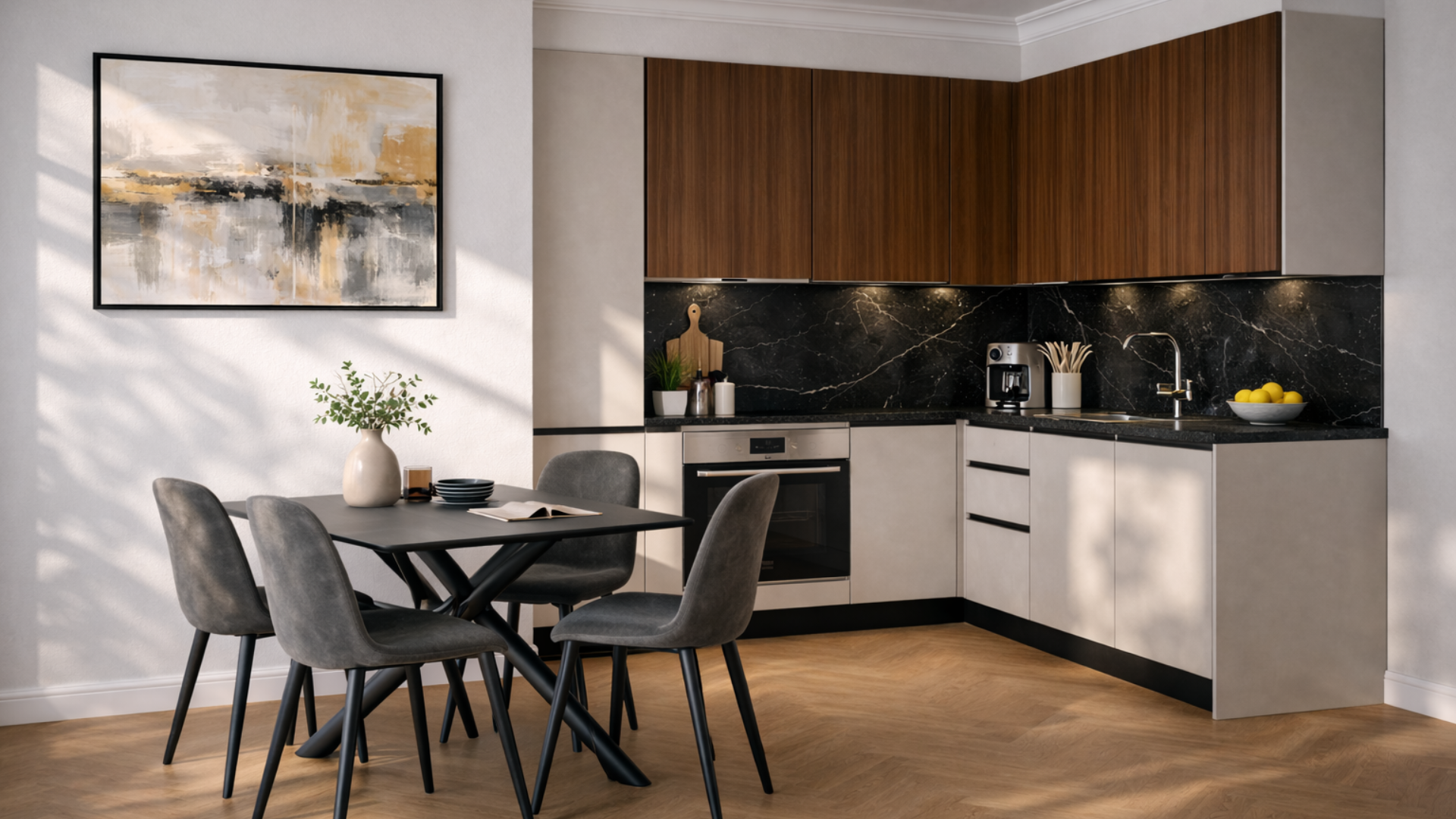 Cucina angolare moderna con pensili effetto noce, top e schienale in marmo nero, tavolo da pranzo contemporaneo con sedie imbottite e illuminazione naturale in ambiente open space elegante.