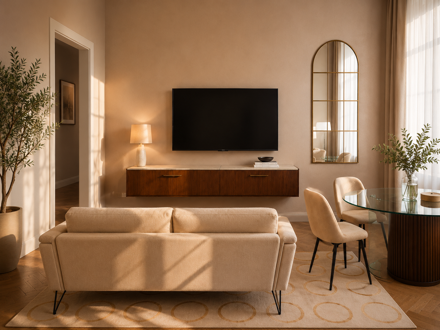 Soggiorno moderno nei toni beige con divano, mobile TV sospeso in legno, specchio ad arco e zona pranzo luminosa.