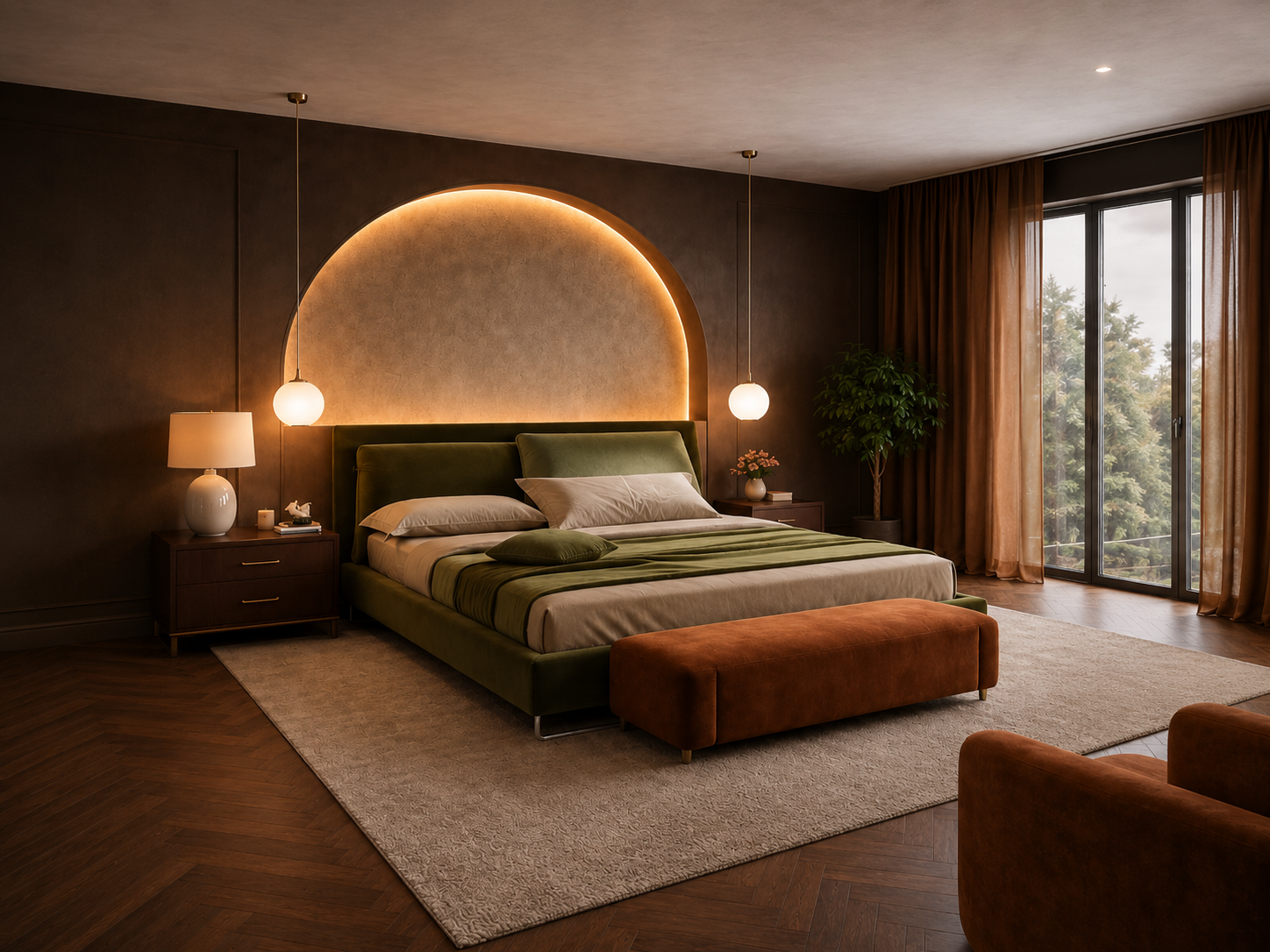 Camera matrimoniale moderna con letto verde e parete ad arco retroilluminata