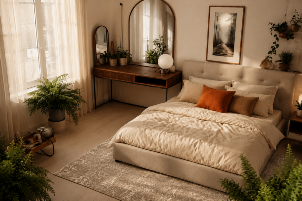 Camera da letto moderna e accogliente con letto imbottito beige, scrivania in legno, specchi ad arco e luce naturale.