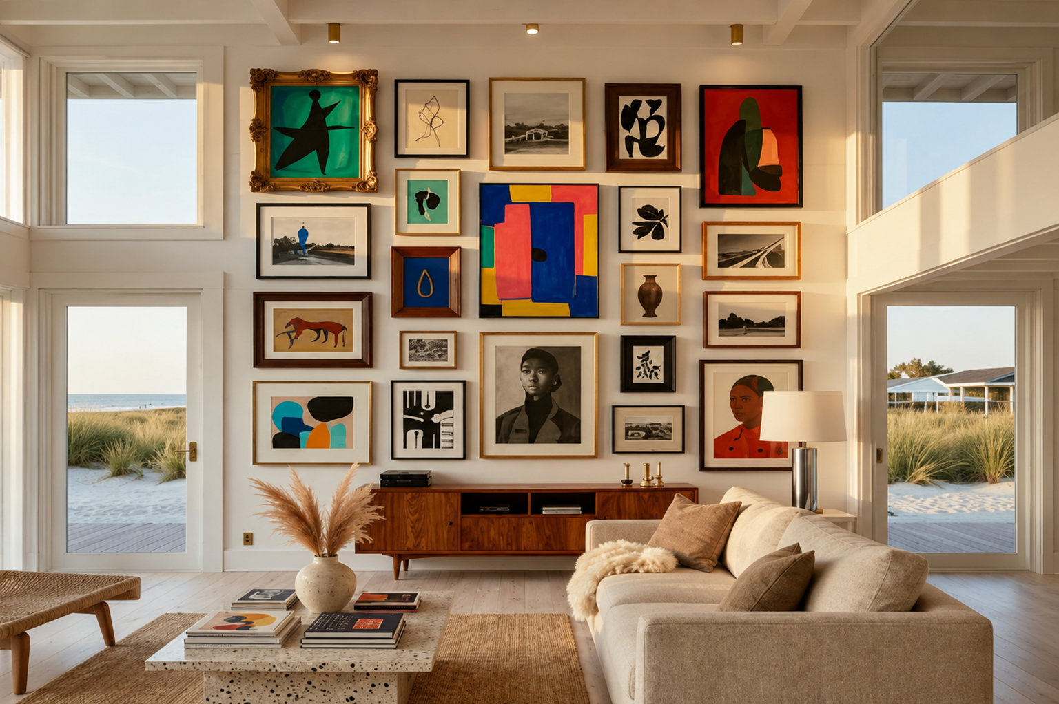 Soggiorno moderno e luminoso con grande parete decorata da quadri, divano beige, tavolino in terrazzo e ampie vetrate vista esterno.