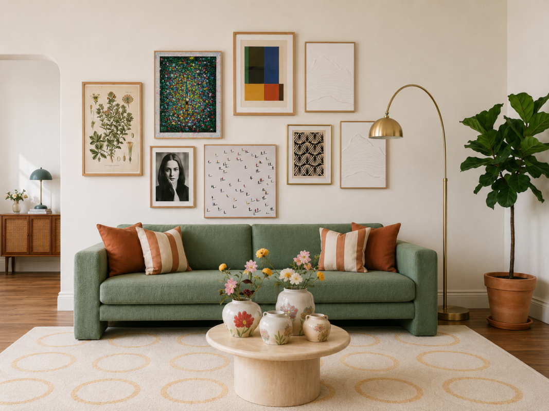 Soggiorno moderno con divano verde salvia, gallery wall di quadri, tavolino rotondo in pietra, vasi decorativi e tappeto chiaro con motivi circolari.