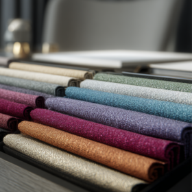 Campioni di tessuti per arredamento in diverse texture e colori, ideali per divani, poltrone e complementi d’arredo.