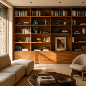 Soggiorno elegante con libreria in legno a tutta parete, divano beige, poltrona imbottita e tavolino basso, illuminato dalla luce naturale.