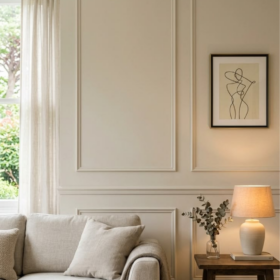 soggiorno elegante con parete decorata da boiserie, divano beige, quadro minimalista e tavolino laterale con lampada e vaso.