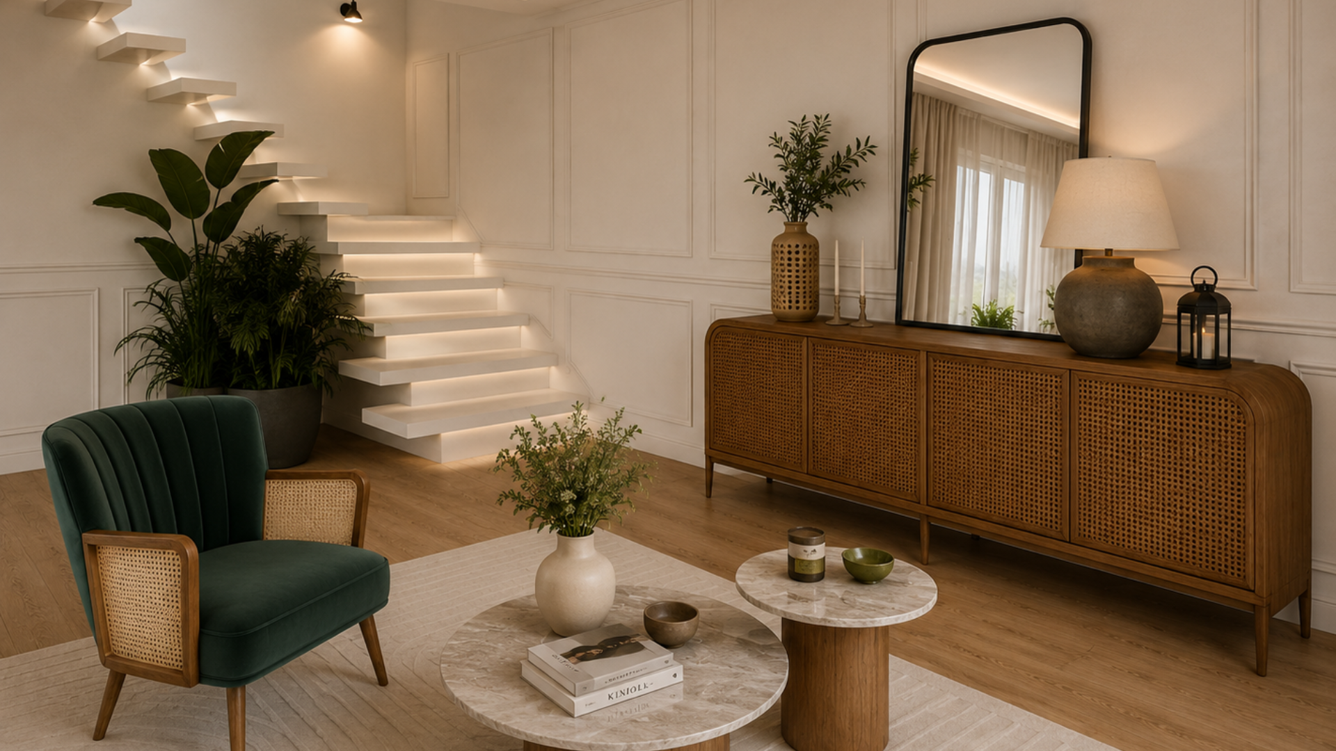 Soggiorno elegante con poltrona verde, madia in legno e paglia di Vienna, tavolini in marmo e scala sospesa illuminata.