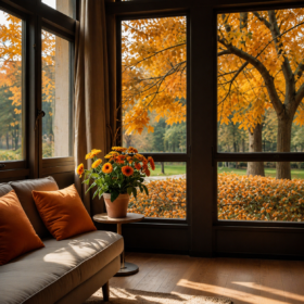 Soggiorno accogliente in stile autunnale con divano beige, cuscini arancioni, fiori e grandi finestre affacciate su alberi dalle foglie dorate.