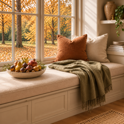 Angolo relax autunnale con seduta sotto la finestra, cuscini nei toni del beige e terracotta, plaid verde oliva e vista su alberi dalle foglie dorate.