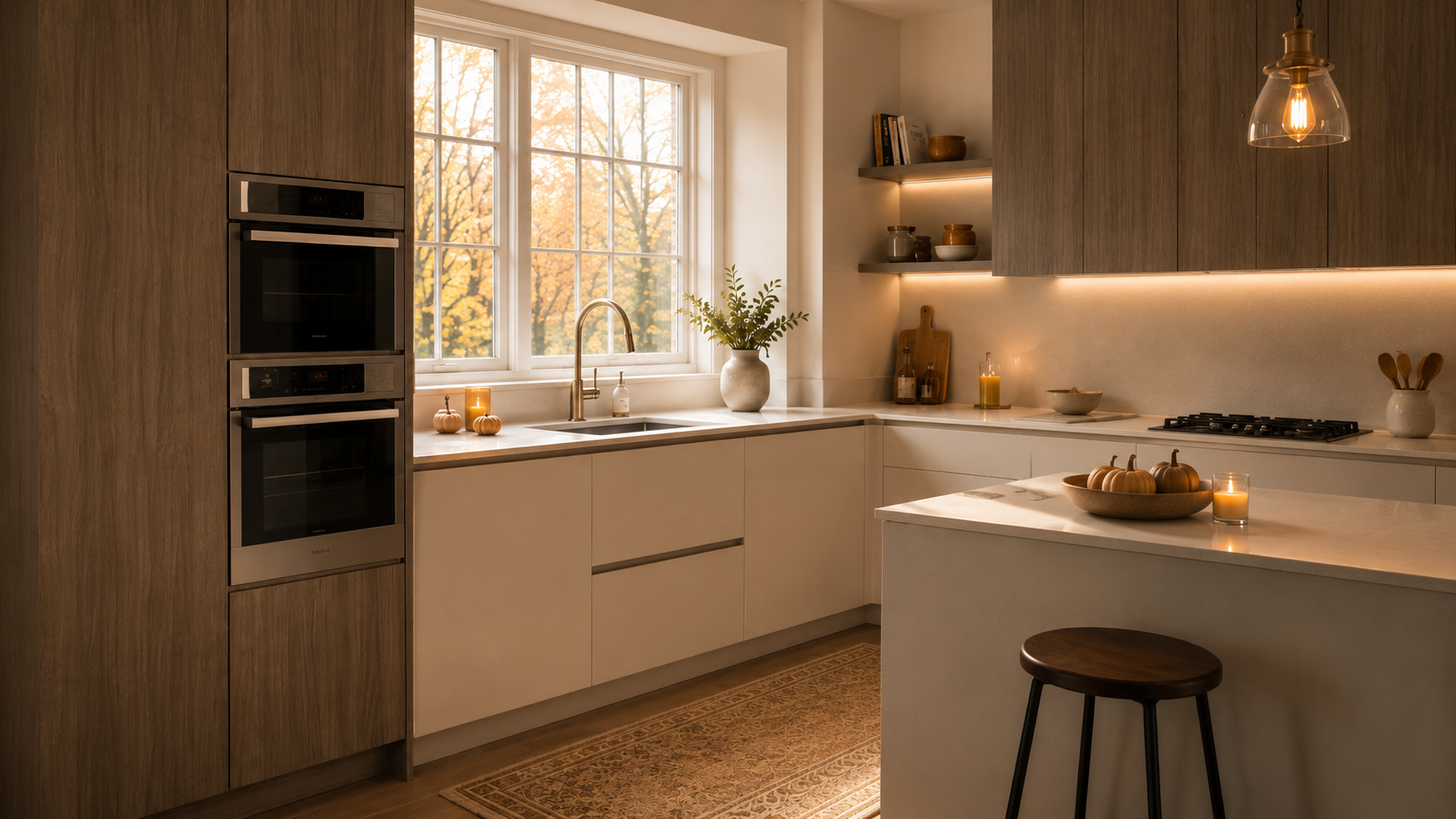 Cucina moderna con finiture in legno e tonalità neutre, illuminata da luce calda naturale, con decorazioni autunnali, zucche e foglie nei toni arancio.