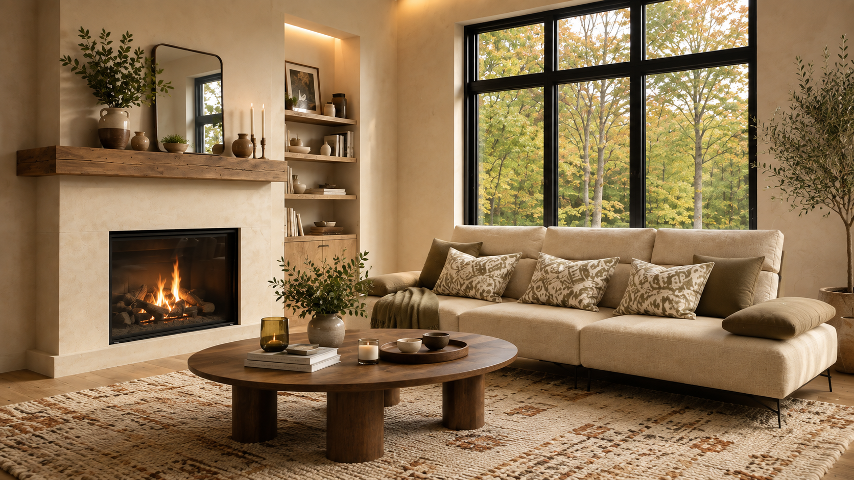Living moderno e accogliente con divano beige, tavolino in legno, camino acceso e grandi finestre affacciate su un paesaggio dai colori autunnali delicati.