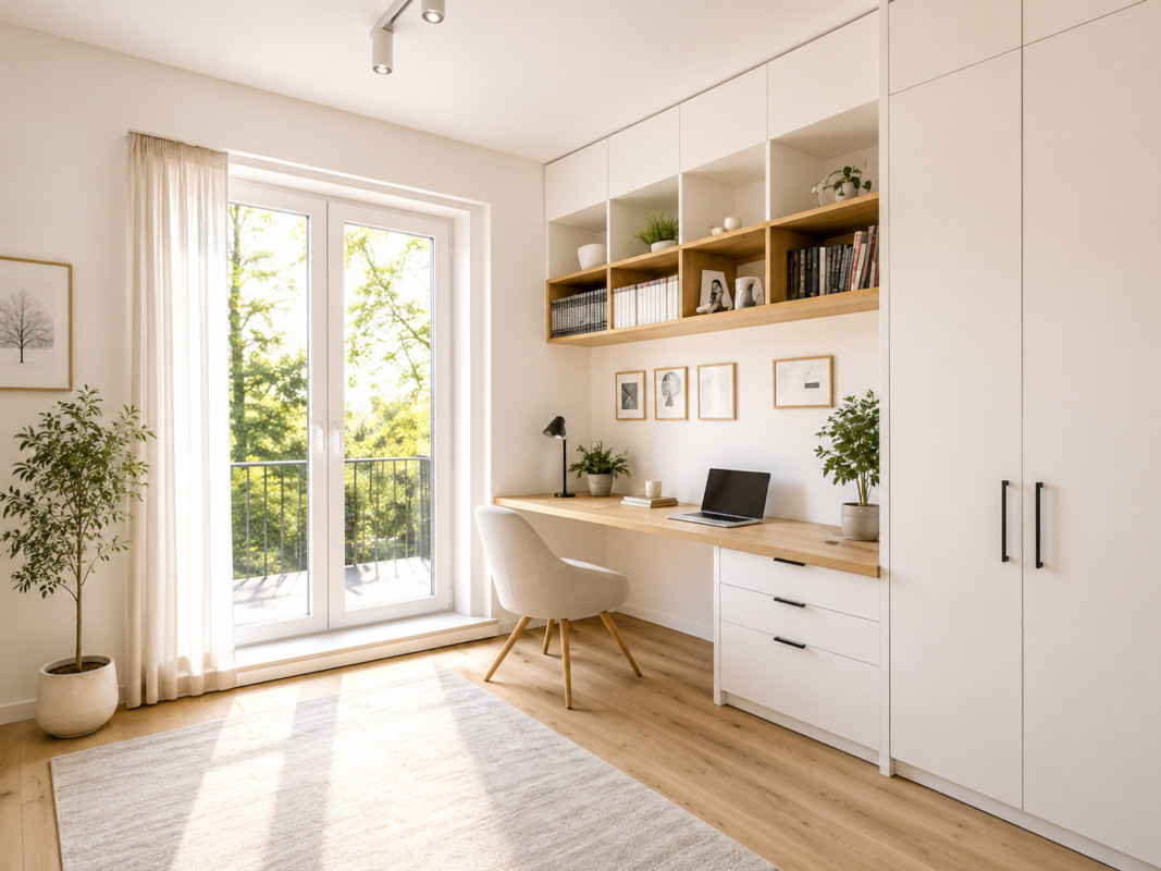 Home office moderno e luminoso con scrivania in legno, mobili bianchi su misura, libreria integrata, sedia imbottita e grande portafinestra affacciata sul verde.