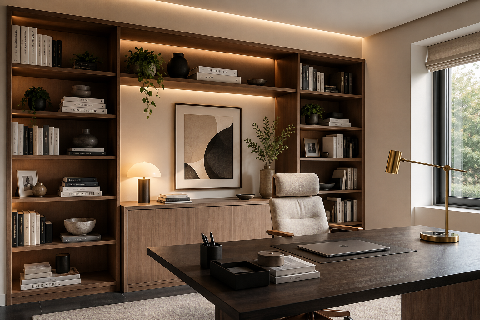 Home office elegante con libreria in legno, scrivania scura, poltrona ergonomica, quadro astratto e illuminazione LED integrata.