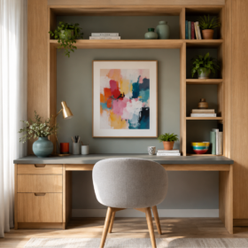 Home office luminoso con scrivania integrata in legno, armadio a tutta altezza, sedia imbottita, piante e quadro astratto colorato.