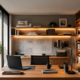 Home office luminoso con scrivania integrata in legno, armadio a tutta altezza, sedia imbottita, piante e quadro astratto colorato.