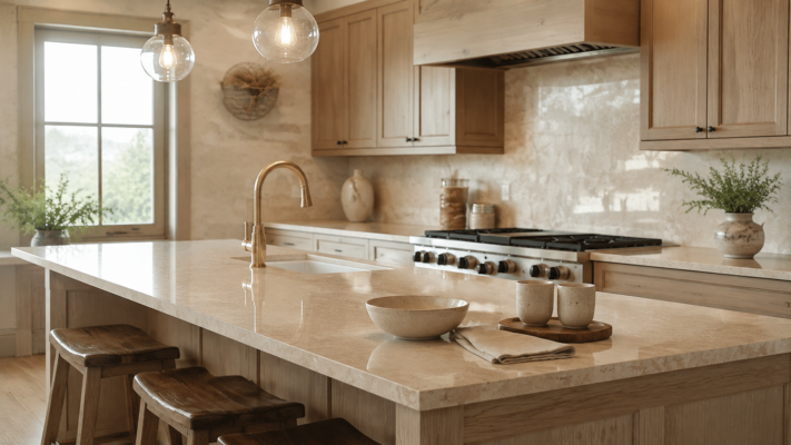 Cucina classica contemporanea con grande isola in pietra chiara, rubinetto in ottone, sgabelli in legno e luce naturale dalla finestra.